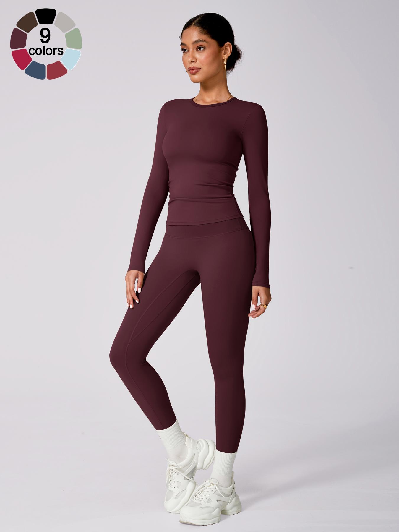 Women's Solid Long Sleeve Tee & High Waist Leggings Tracksuit Set, Sporty Round Neck Top & Skinny Pants Outfits for Gym Workout Running, Ladies Fall & Winter Sportswear, Yoga Tracksuit Set