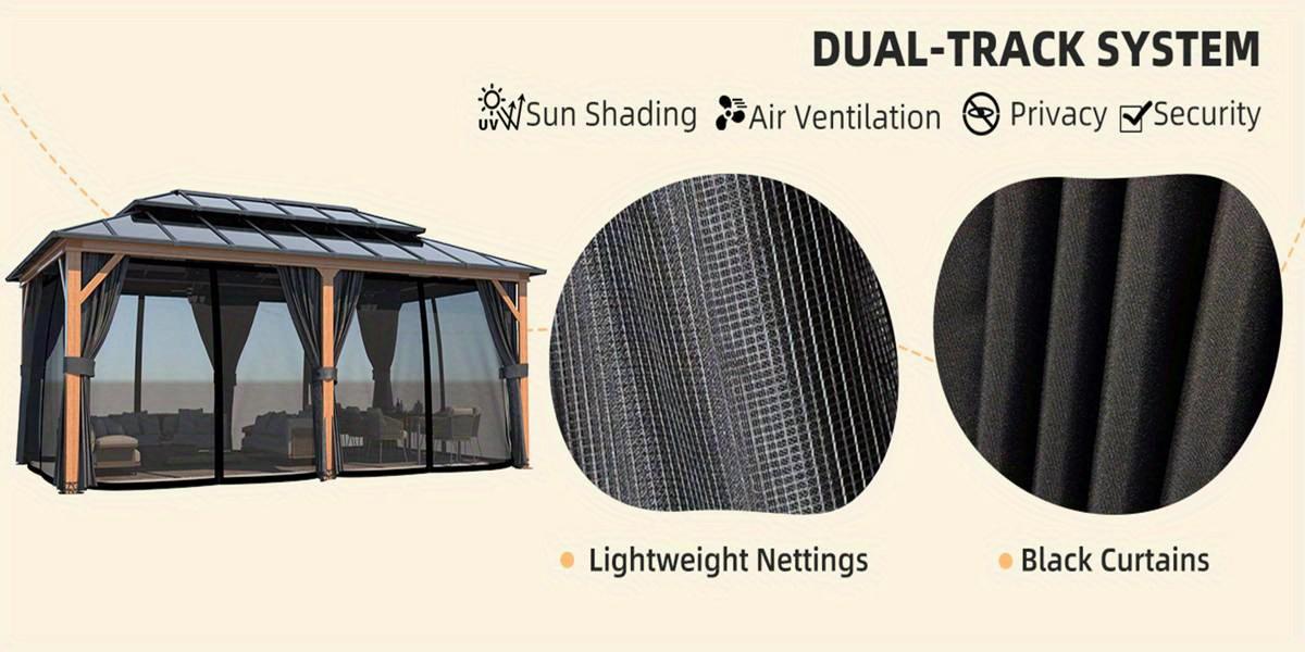 12'×20' Hardtop Gazebo, Faux Wood Grain Aluminum Outdoor Gazebo, Vertical Stripe Polycarbonate Double Roof, Curtains and Netting, Permanent Gazebo
