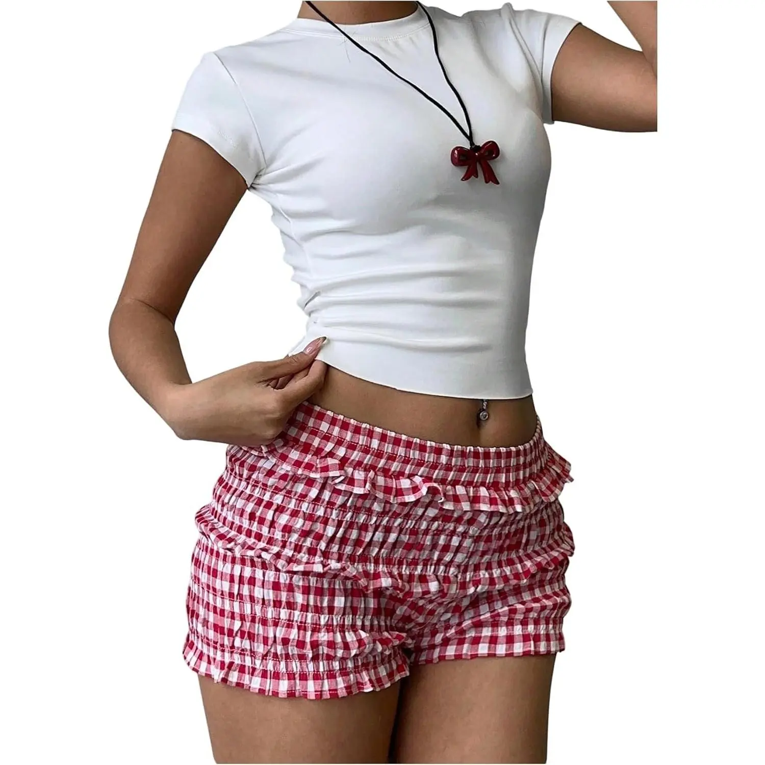 Women's Plaid Ruffle Mini Shorts Gingham Elastic Cute Lounge Sleep Bottoms Low Rise Bloomer Shorts