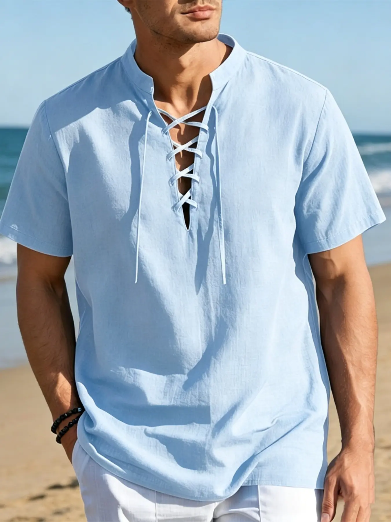 Men's Summer Stand Collar Short Sleeve Linen Plain Coastal Shirt, Breathable Fabric Menswear, Unique Design Tie Front, Business Casual Sporty Style, Ideal Gift for Men