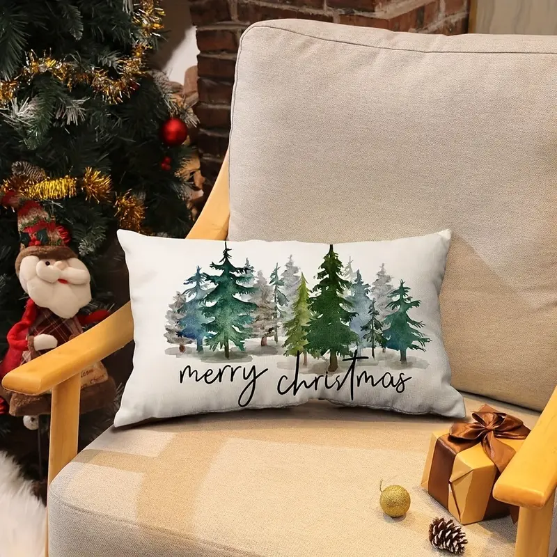 1pc, Christmas Pillow Covers 12x20 Christmas Decorations Watercolor Blue Green Christmas Tree Rustic Style Nature Forest Print Decorative Throw Pillows Winter Christmas Decor ( , )Double-sided printing design