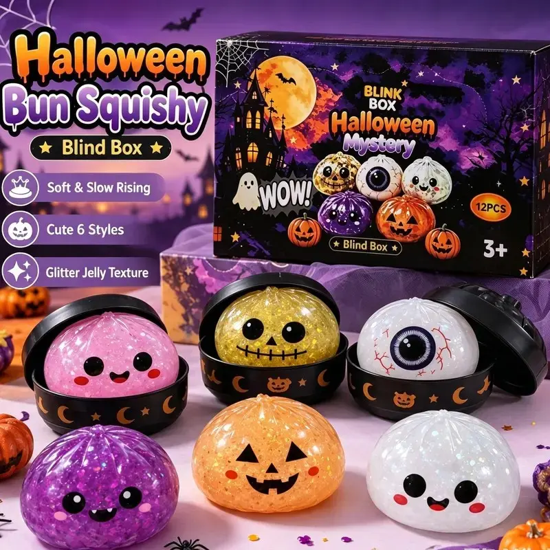 Halloween Steamed Bun Squishy Toy Set, Slow Rising Stress Relief Fidget Toys with Steamer Bases, Pumpkin Eyeball Ghost Assortment, Collectible Desk Decor for Party Favors