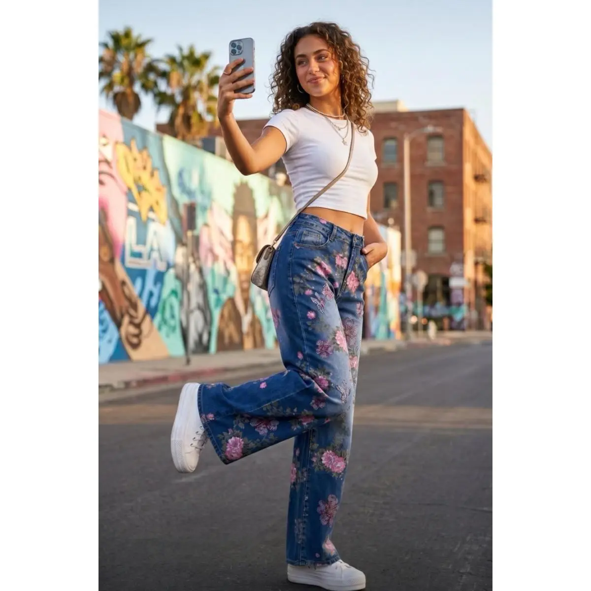 Vintage Bloom Wide Leg Denim Jeans – High-Waist Blue Floral Print Statement Pants, Streetwear Inspired Jeans