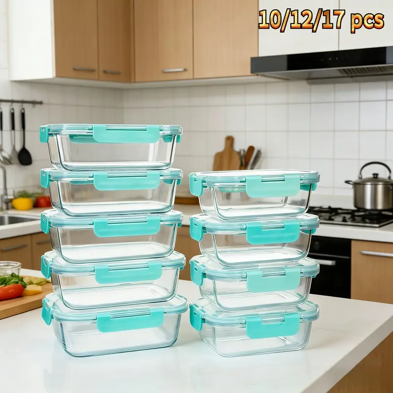 10 Piece Borosilicate Glass Food Storage Containers with Removable Lids Colorful Square Meal Prep Containers Leakproof Locking Lids BPA Free Microwave & Dishwasher Safe Lunch Boxes Party Storage Organ Glass Containers for Food