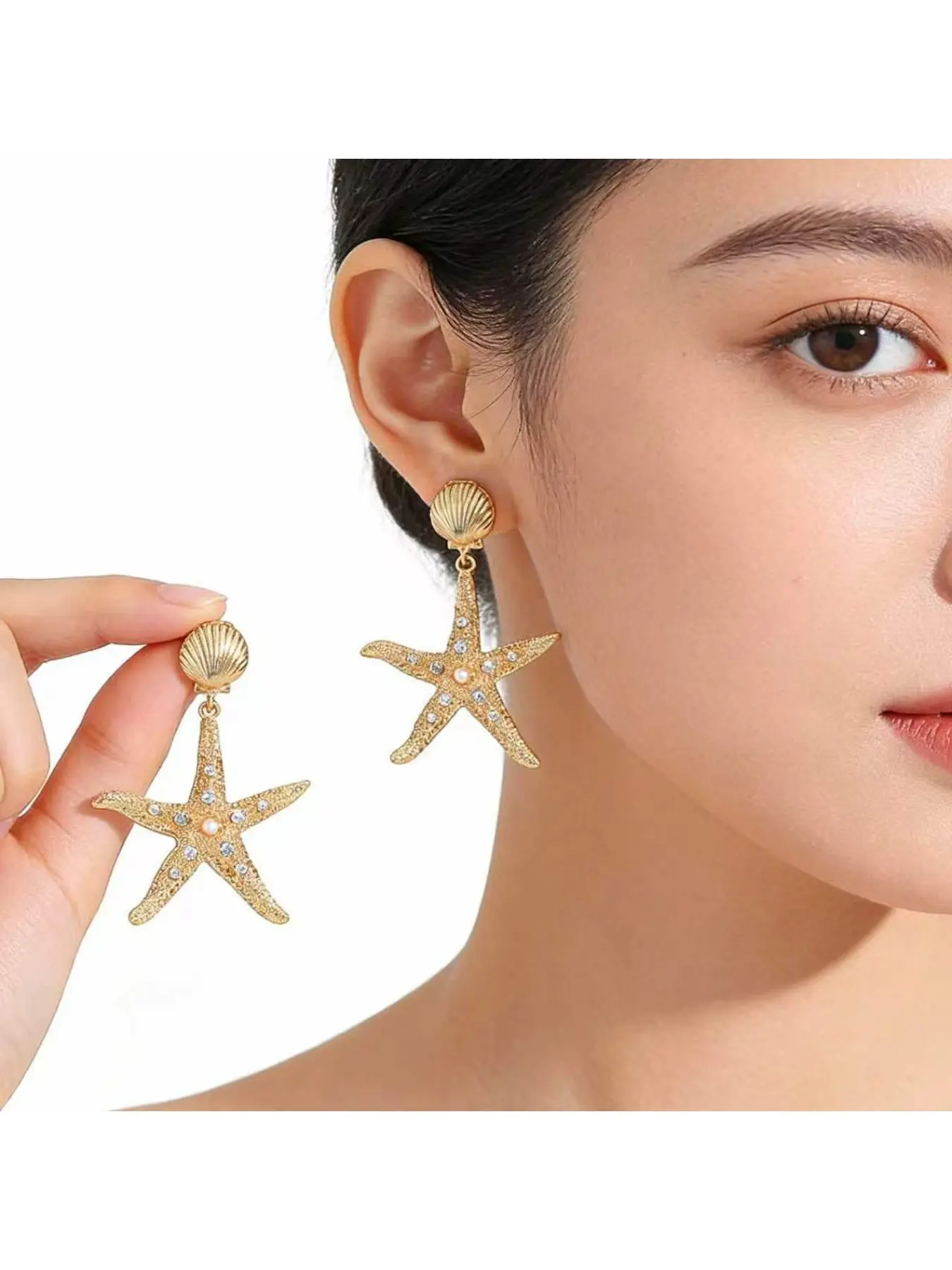 Summer Oceanic Style Rhinestone Starfish Earrings, Bohemian Vacation Fashion Statement Jewelry, Trendy Exaggerated Elegant Ear Cuffs