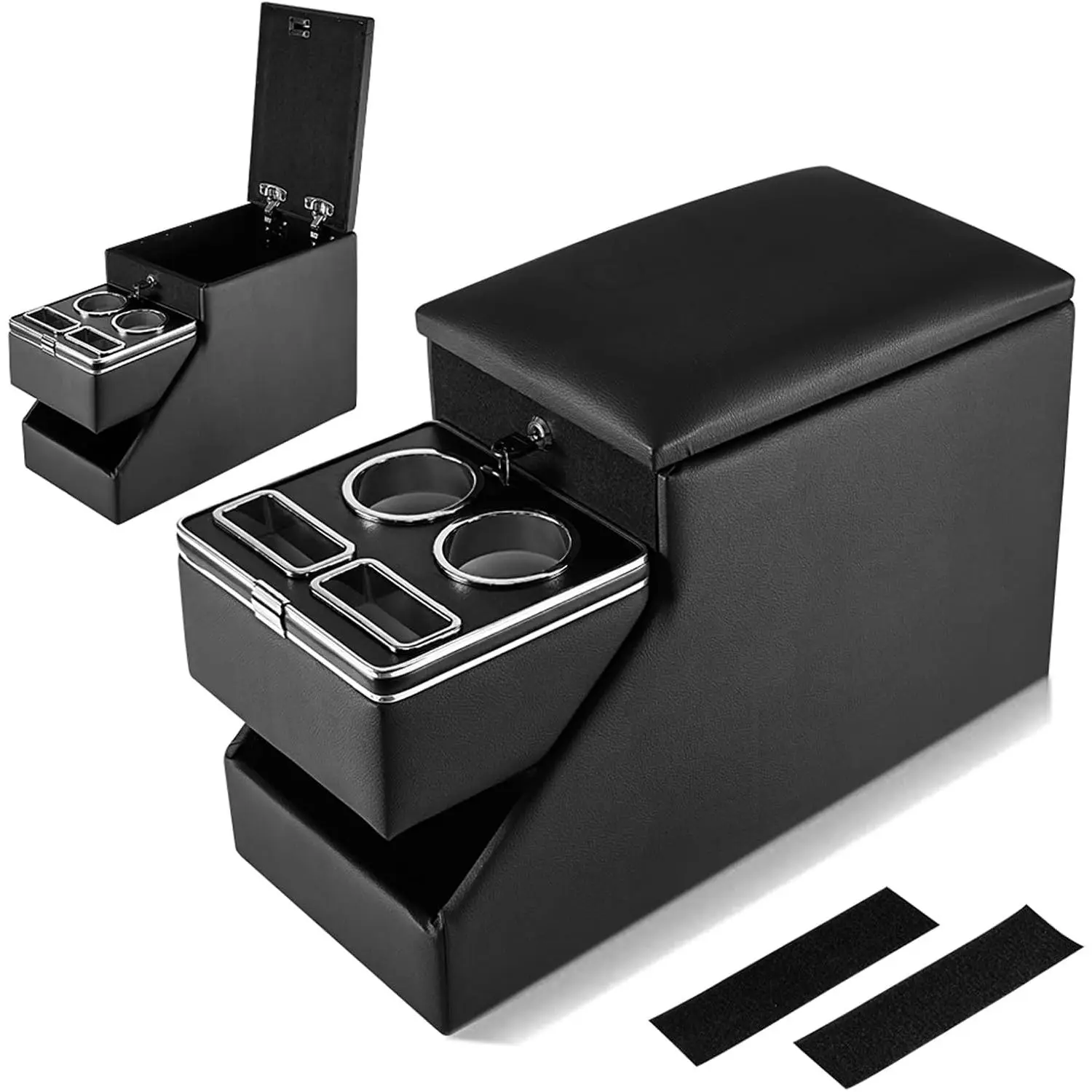 Center Console Organizer Between Seat for Minivans, SUVs, Middle Van | 20.08"L x 9.29"W x 13.39"H Bench/Floor Storage Box with Lock & Flip top Leather  Armrest,  Cup Holder ,No Drill