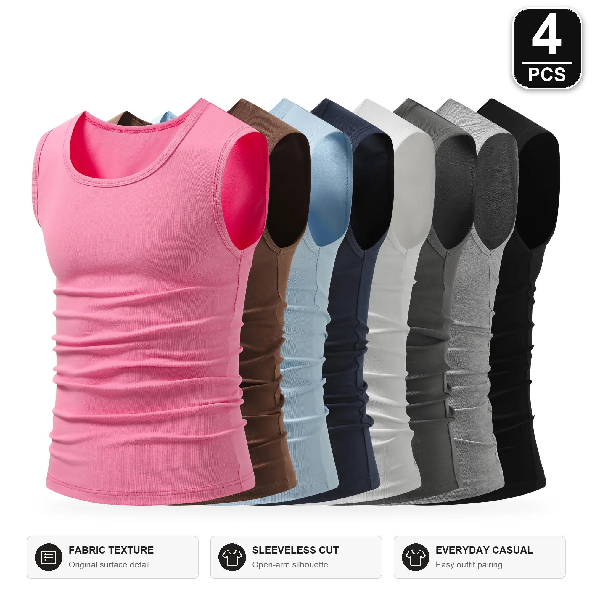 Men's 4-Pack Stretch Tank Tops - Cotton Blend Stretch Fabric, Scoop Neck, Close Fit, Machine Washable for Layering, Lounging, Everyday Outfits,sohochic