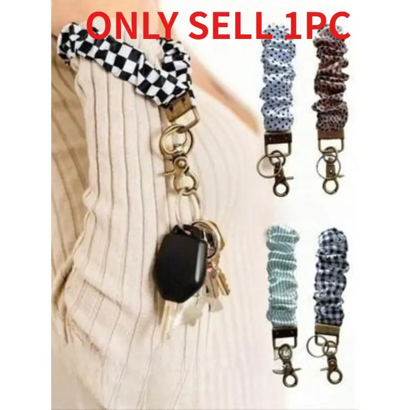 Stylish Checkered Scrunchie Keychain Wristlet for Women, Elastic Fabric Key Ring Bracelet with Secure Clip Closure, Portable Wrist Strap Key Holder for Daily Shopping & Outdoor Outings, Aesthetic Keychain