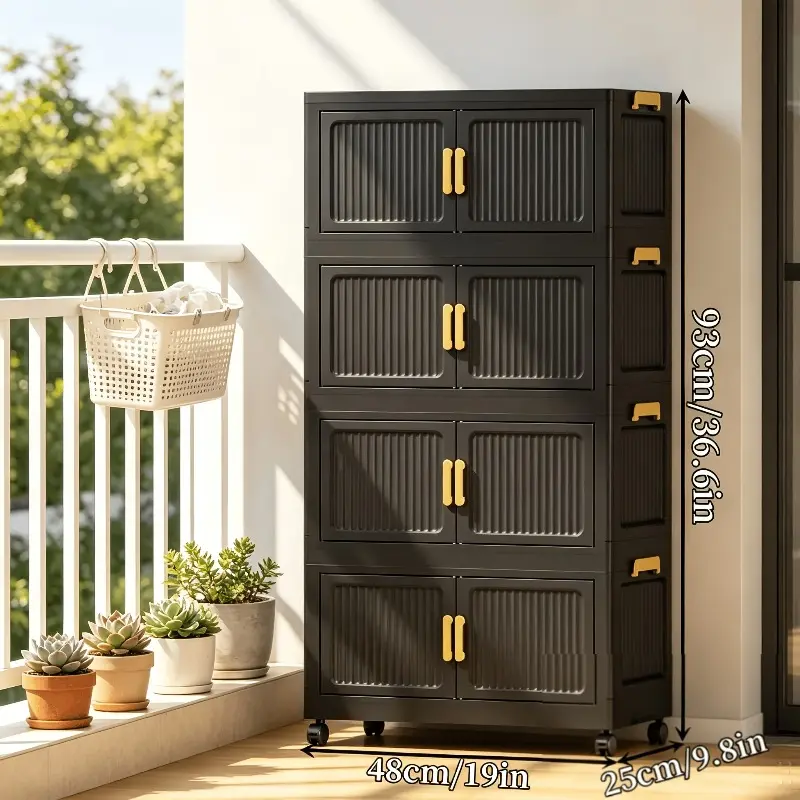 Foldable storage cabinet with magnetic door, stackable plastic storage box with lid in bedroom, multifunctional folding wardrobe storage system, convenient modular storage box with wheels, suitable for entrance hall, kitchen, living room, bedroom, study