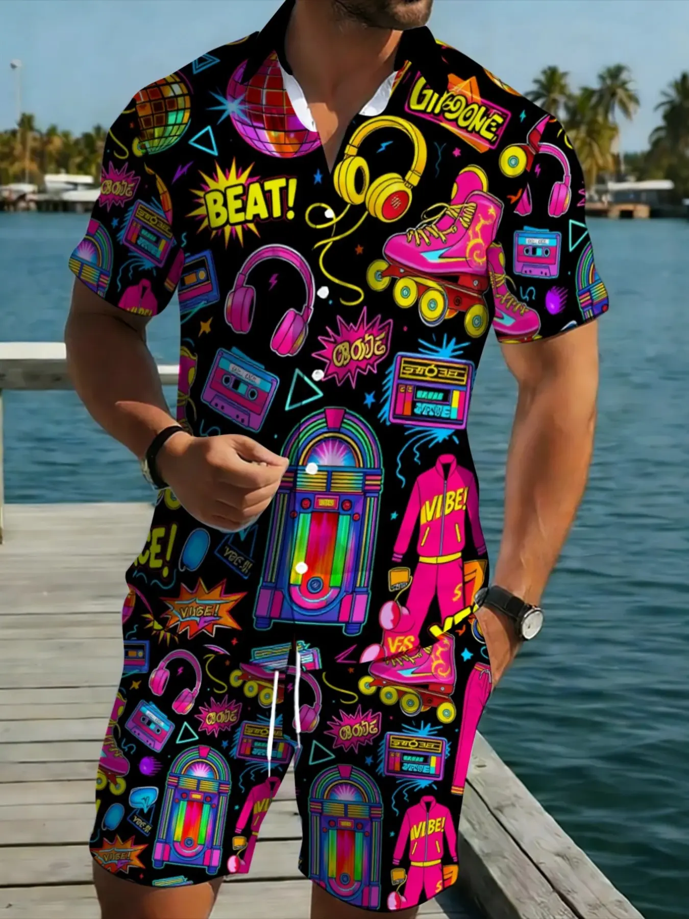 Men's Short Sleeve Shirt and Pants Set, Neon 80s Music Theme, Lightweight Polyester, Vibrant Print, Casual Wear, Summer Outdoors, Menswear