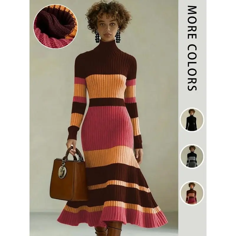 Elegant Women's Knit Dress, High Neck Long Sleeve Mermaid Tail Design, Colorblock Patchwork, Single Wear or Layering, Fall Winter Fashion