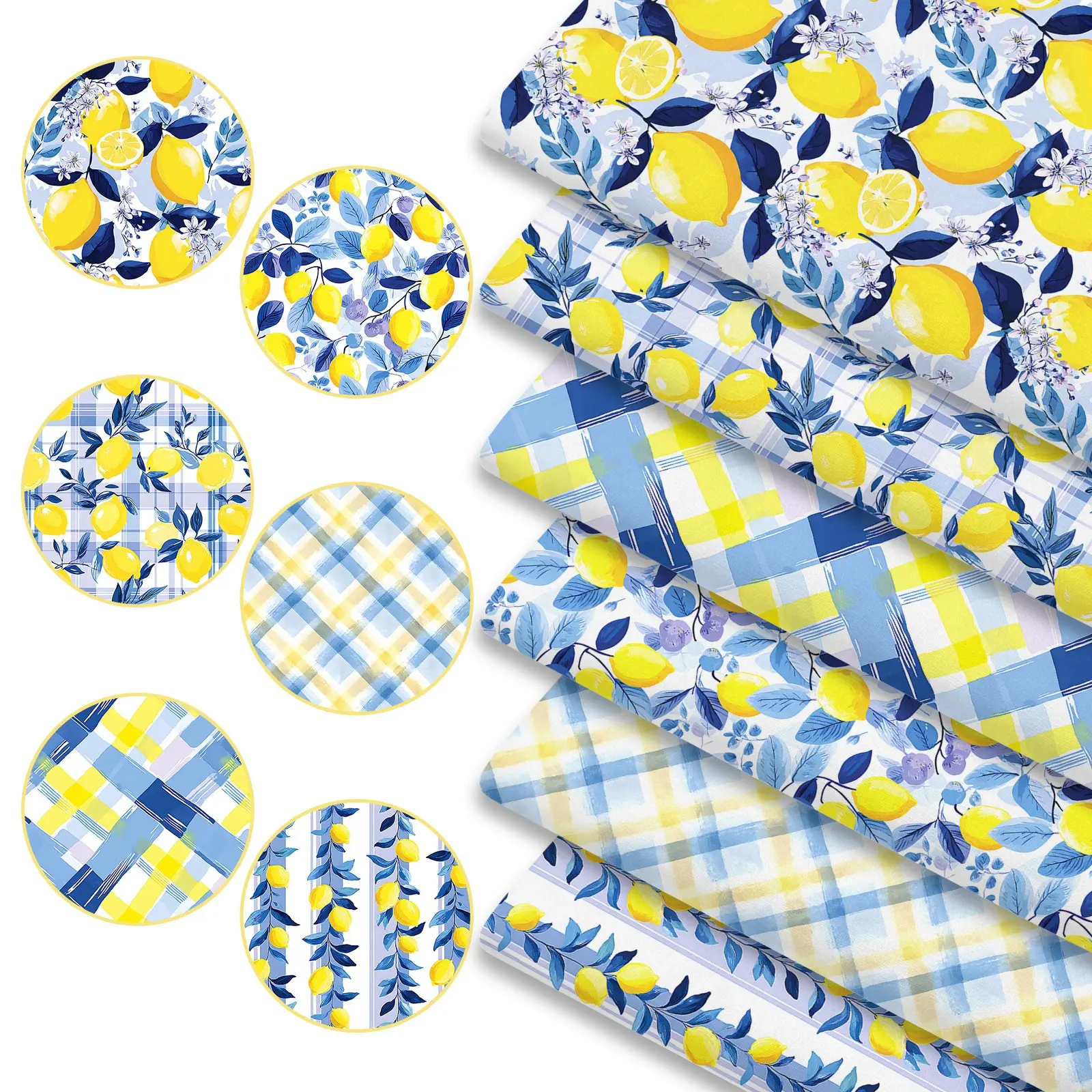 6pcs Summer Party Lemon Print Fabric Bundles, 45cm*50cm/17.72in*19.69in Citrus Pattern Fabric Squares for Quilting, Patchwork Sewing Material for Bedding, Tablecloth, Bags, Masks, Hats, Headbands, Pillowcases
