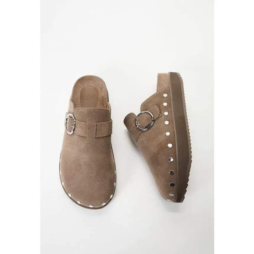 JUST FAB Women's Suede Platform Clog Mules - Slip-On Backless Slides with Studded Trim, Adjustable Buckle, 1.25" Chunky Sole, Roomy Round Toe, All-Season Walking Shoes