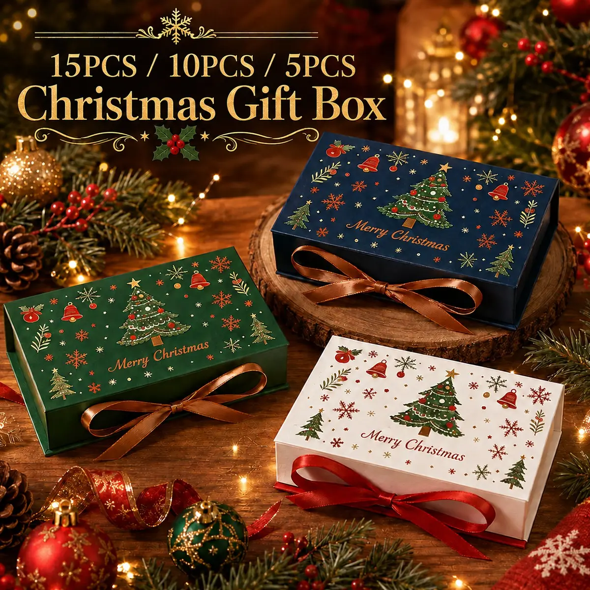 Christmas Gift Boxes with Ribbons, Rectangular Luxury Flip-Top Candy and Cookie Packaging, Holiday Chocolates and Wedding Gifts