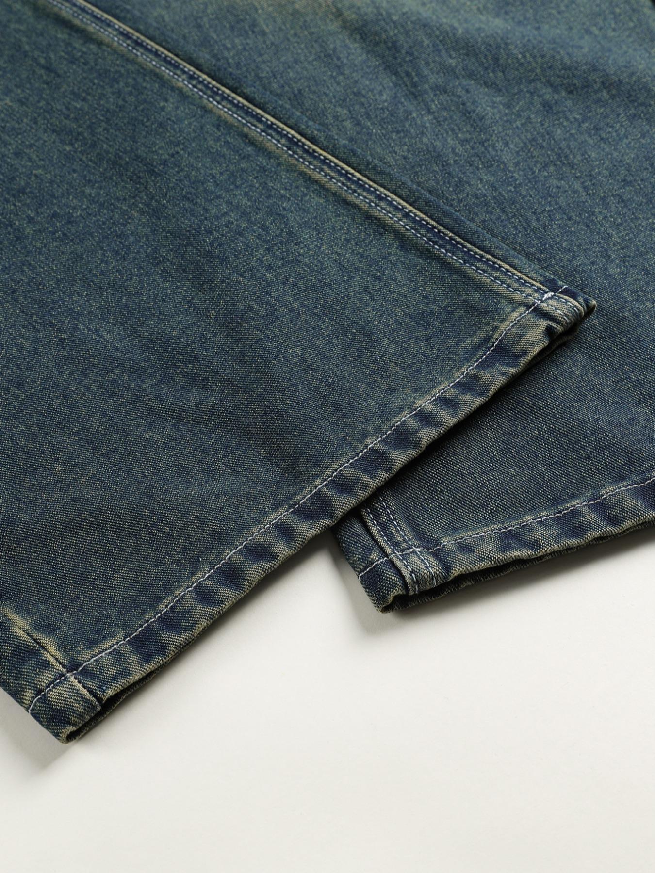 Men's Vintage Washed Denim Jeans Pocket, Simple Basic Casual Loose-Fit Style, American Trend Streetwear, Cotton Fabric, All Seasons Wear