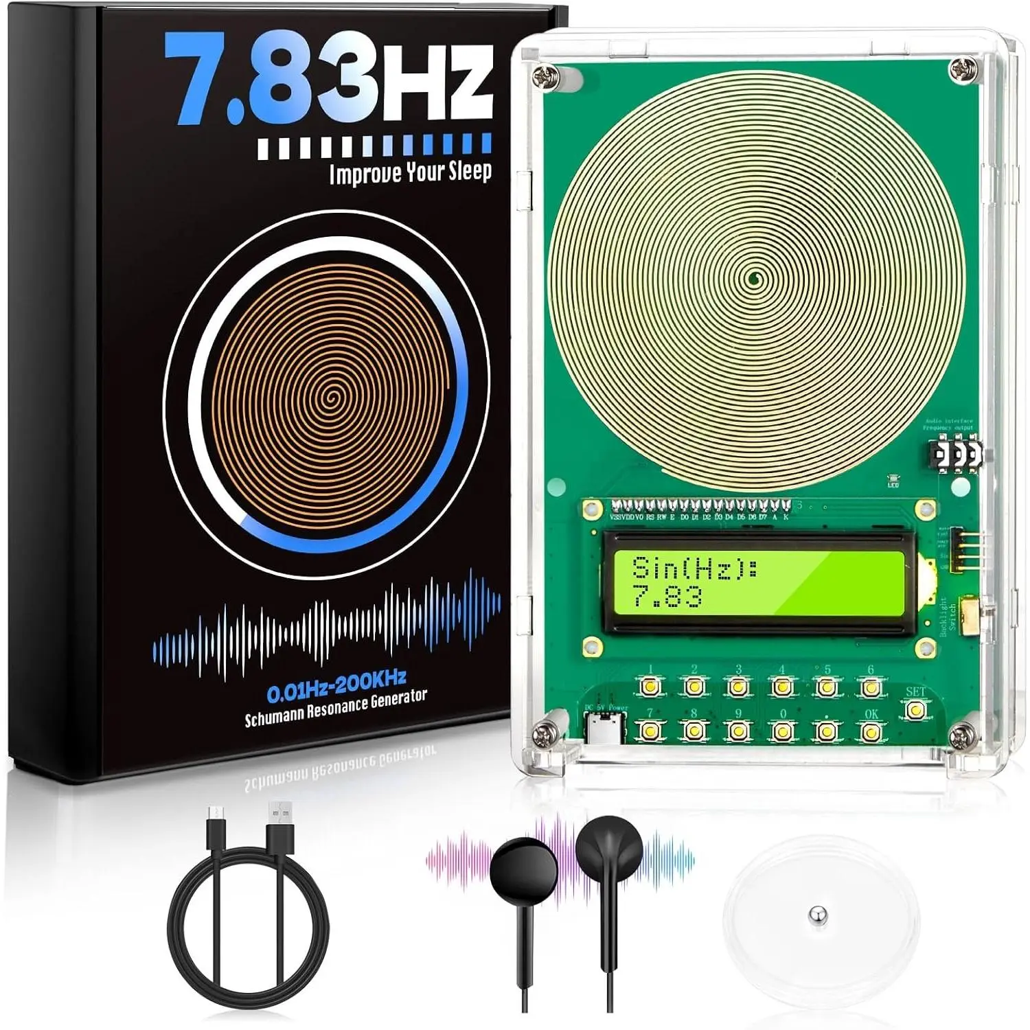 Frequency Generator with Sleek Acrylic Case, Adjustable 7.83Hz Schumann Resonance Audio Wave Therapy, USB Powered with Wired Headphones for Sleep & Meditation, Compact, Gift Box, Portable
