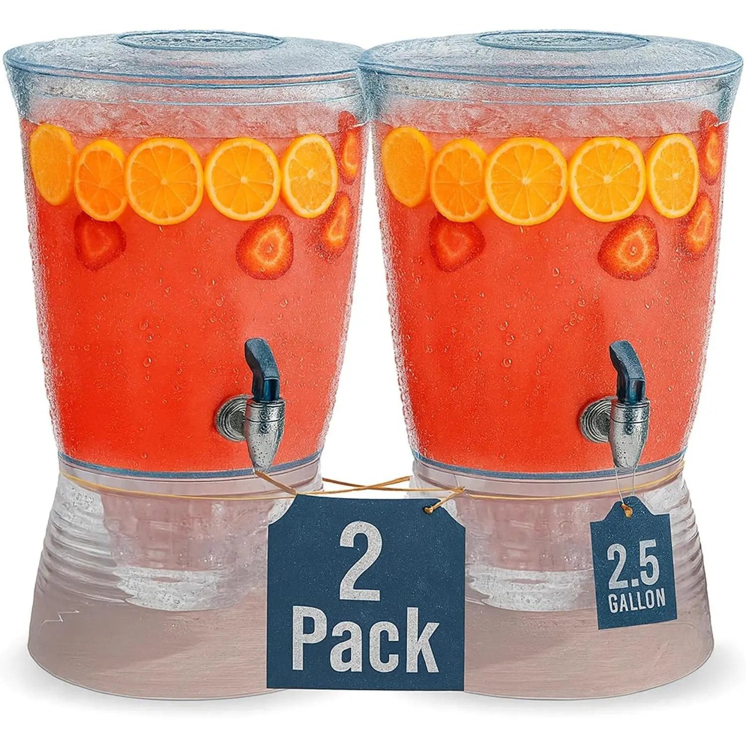 Drink Dispensers for Parties (2.5 Gallon) Large Plastic Water Dispenser for Counter Tops, No Mess, Easy to Assemble & Wash, Up to 40 Drinks, For Juice, Punch & Water (2 Pack)