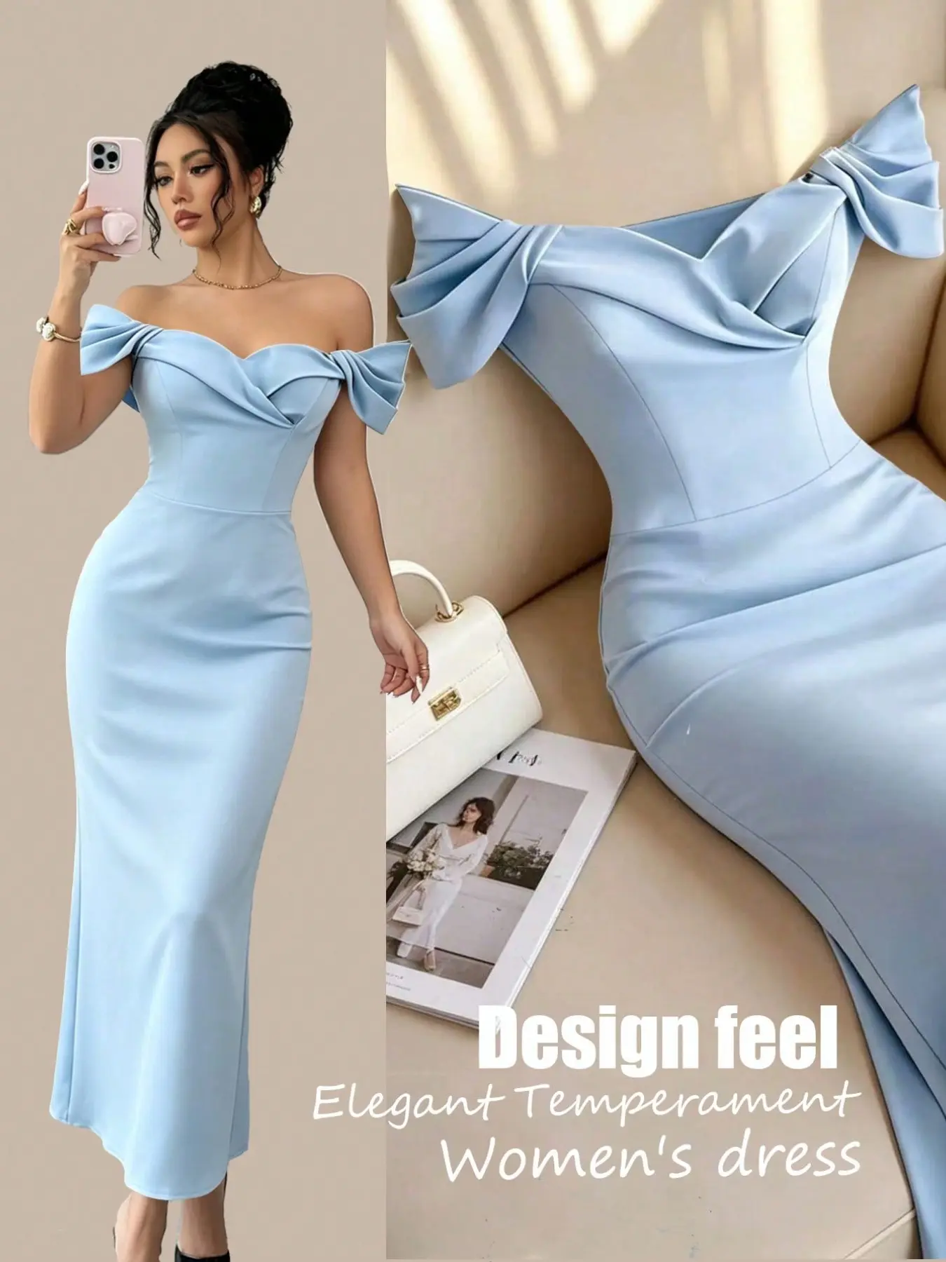 Women's Solid One-Shoulder Formal Dress, Heart Belt Bowknot Decoration, Elegant Chic Evening Gown, Evening Formal Wear, Suitable for Wedding Guests and Parties