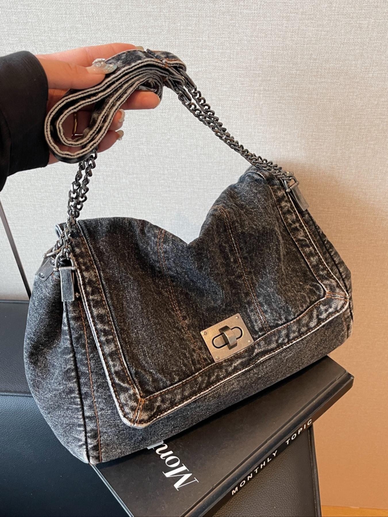 2026 Denim Bag Chain Shoulder Bag Women's Fashion Commuting Work Underarm Bag Vintage Texture Travel Handbag