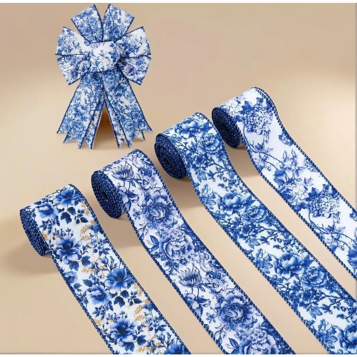 Dark Blue Chinoiserie Floral Wired-Edge Ribbon, Blue and White, 4 Rolls (20 Yd Total), for Wreath Bow Making, DIY Crafts, Gift Decoration