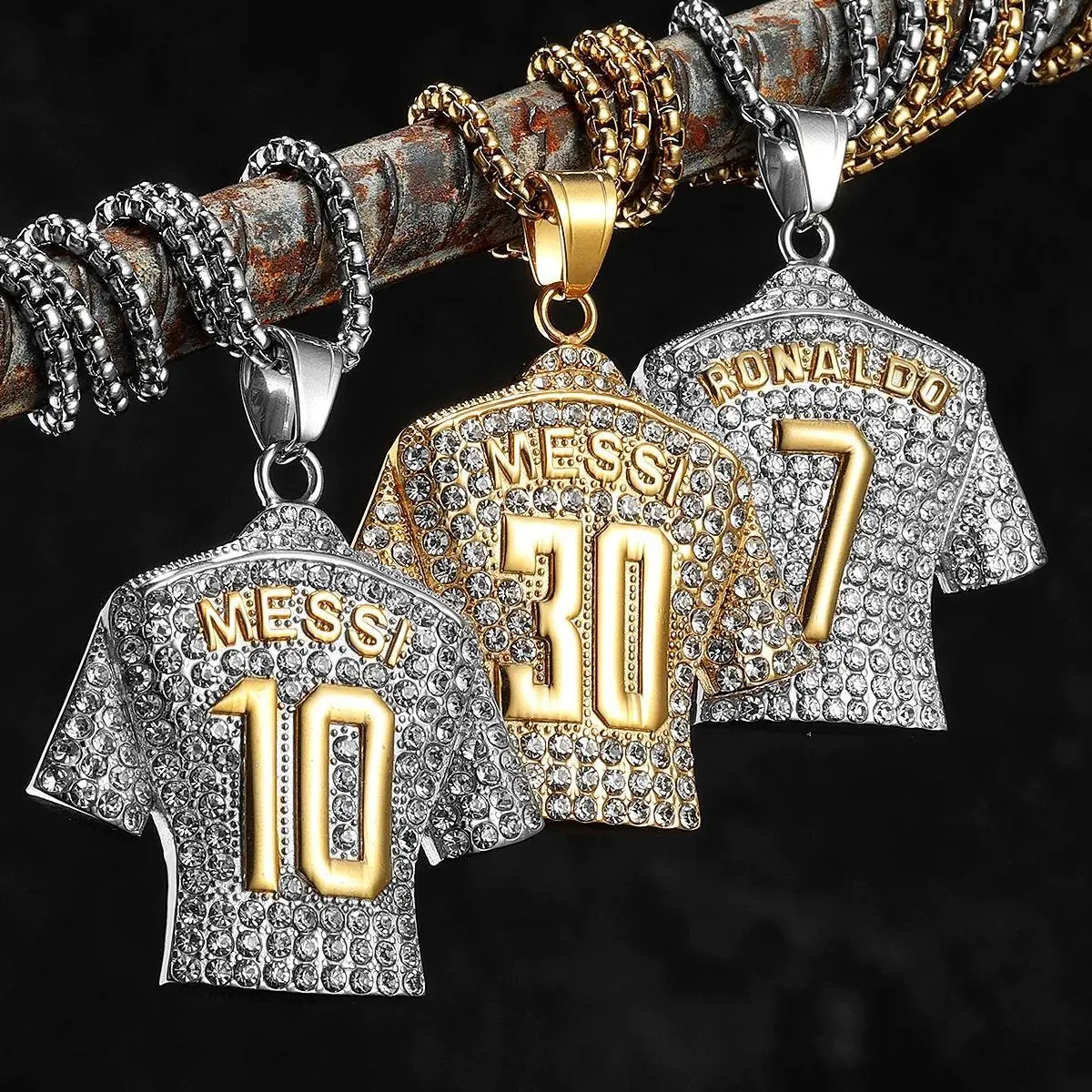 Stainless Steel Football Jersey Pendant Necklaces for Men, Featuring Messi, Cristiano Ronaldo, Neymar, Mbappé, Haaland Designs, 60cm Chain, Fashion Costume Jewelry, Birthday Gift Ideas