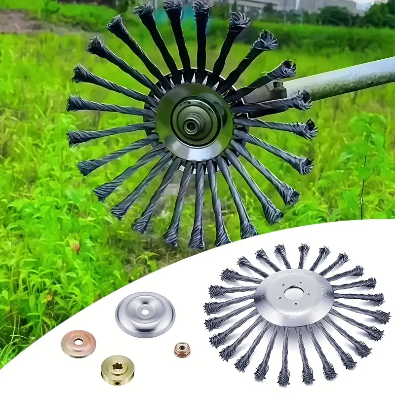 Universal Steel Wire Weed Brush Cutter Head | 1 Inch Arbor Twisted Wire Wheel Brush with Adapters for Trimmer Lawn Mower Grass Cleaning Tool