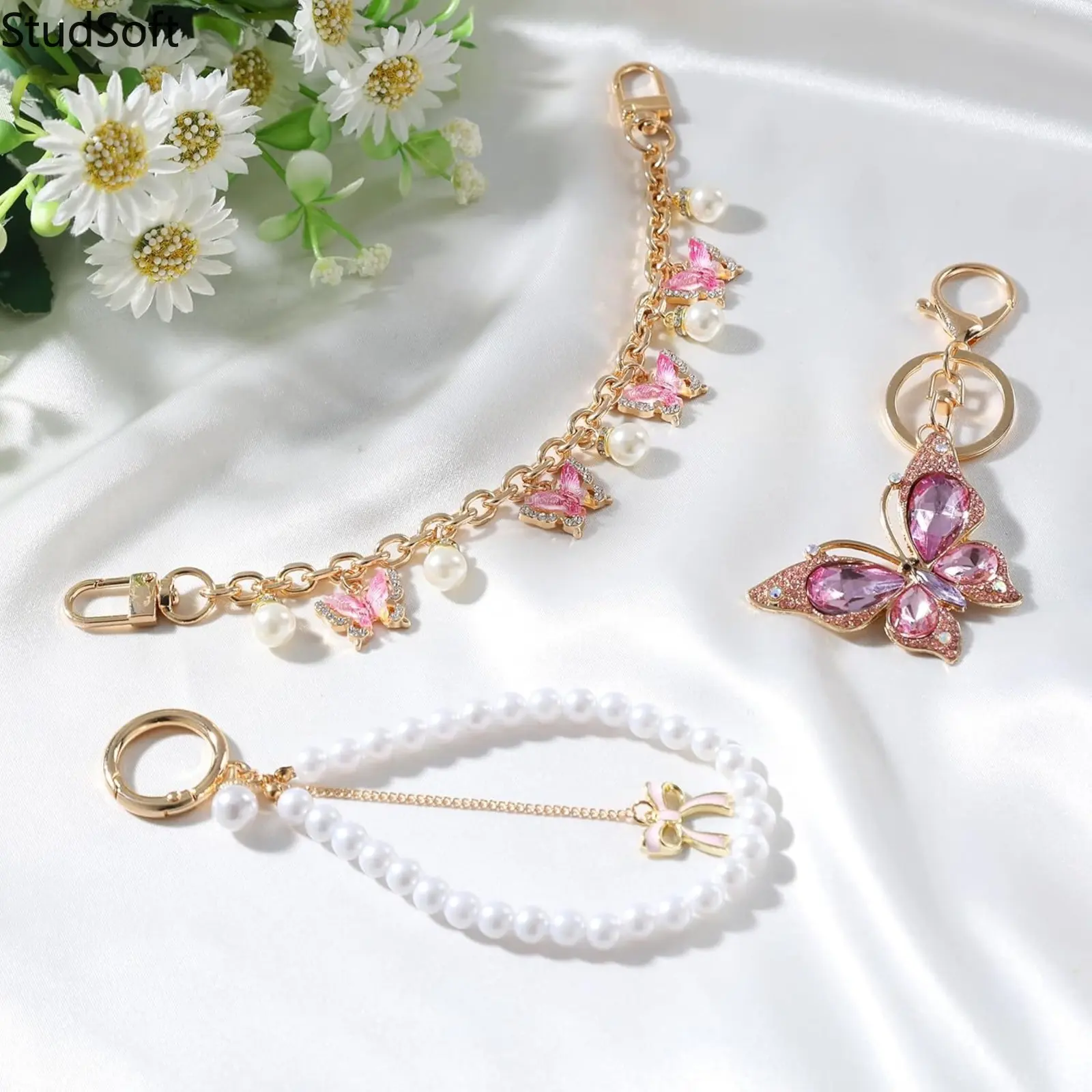 Coquette Look Bag Chain Charms Set, Pink Ribbon Bows, Butterfly, Cherry, Pearl Accents, Gold Metal Purse Extender for Sport Rainwear Handbag Decoration