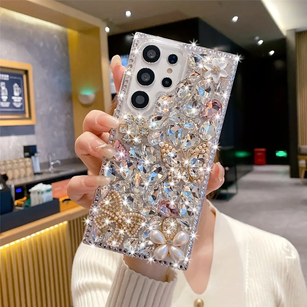 Luxurious Sparkling Butterfly & Flower Phone Case with Artificial Pearls - Non-Slip, Shockproof, Camera Protection Multi-Model Cover for Samsung Galaxy S25 Ultra, S24, S23, S22 Ultra Mobile Phone Accessories, Flowers, Mixed Color 1