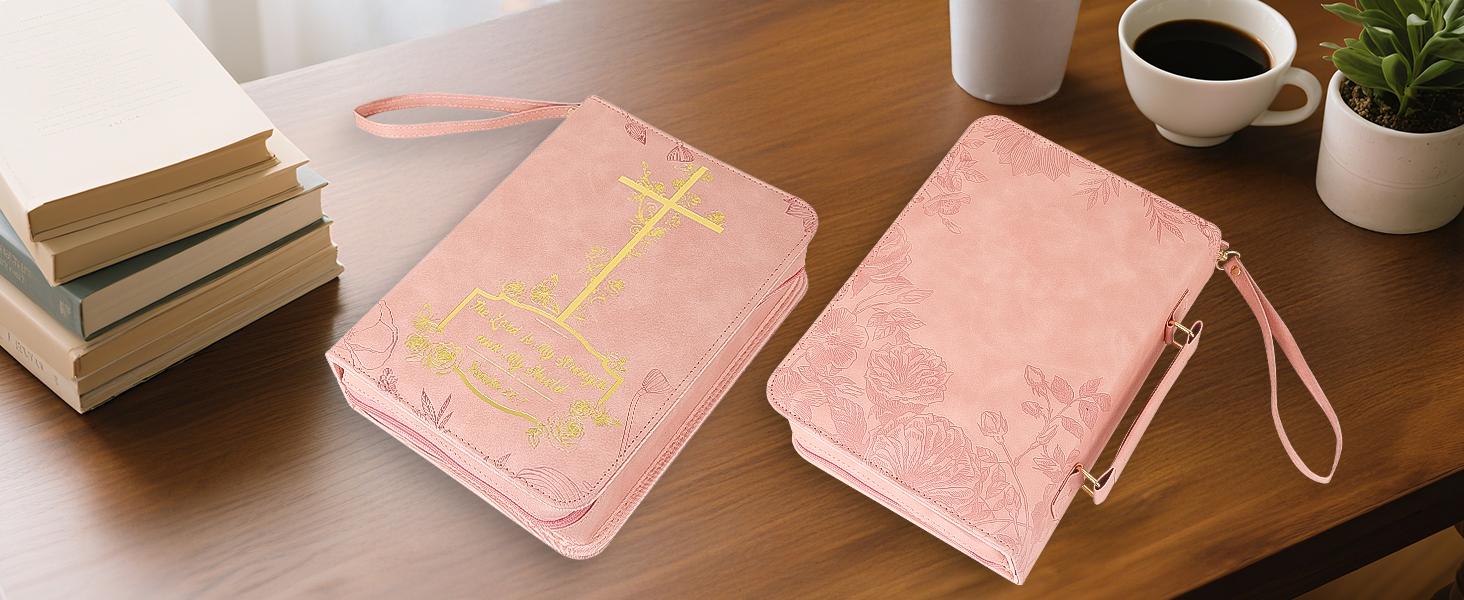 Bible Cover Case for Women，Large PU Leather Debossed Scripture Cover with Cross & Rose，Bible Accessories，Bible Carrying Case for Women, Girls, Gifts (Pink Gold)