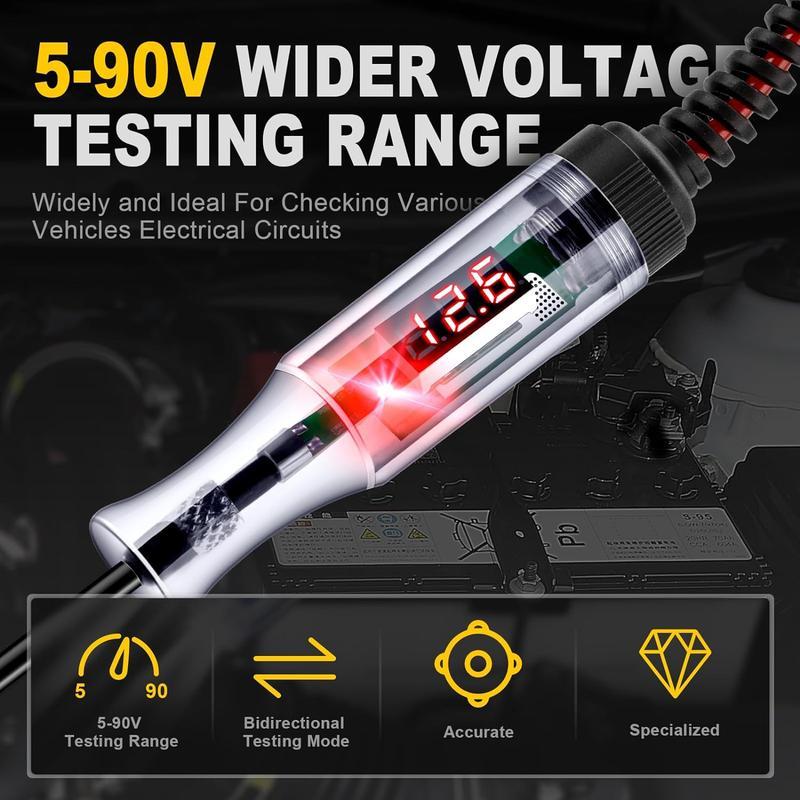 Automotive 5V-90V Digital LED Circuit Tester with Extended Spring Wire Bidirectional Light Tester for Electrical Voltage Testing Compact Practical with Pen Tip Protector