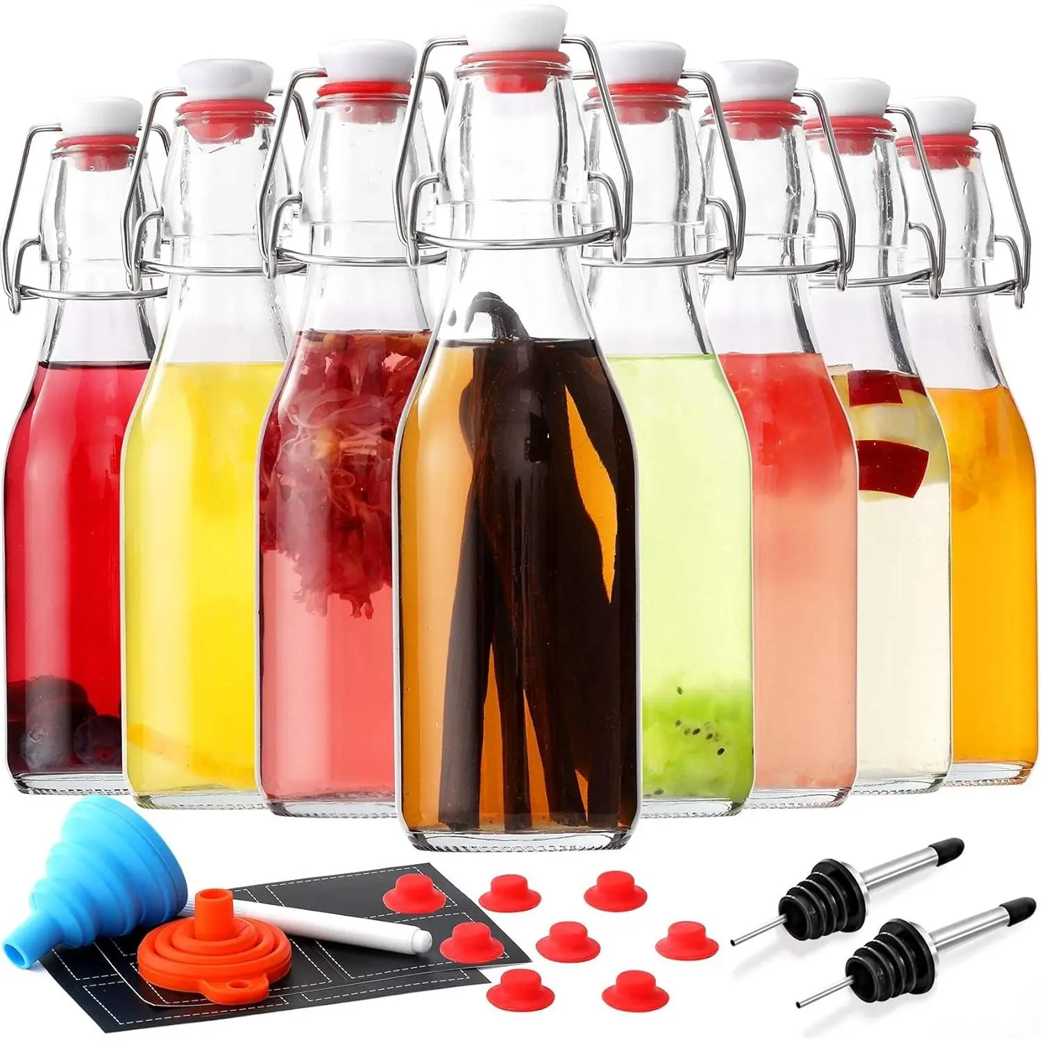8-Pack 8.5oz Flip Top Glass Bottles, Swing Top Beer Brewing Bottle for Fermentation, Kombucha, Kefir, Vanilla Extract, Coquito, Juice, Soda, Tea - Airtight Stopper Cap Lid, Bonus 2 Bottle Pourers