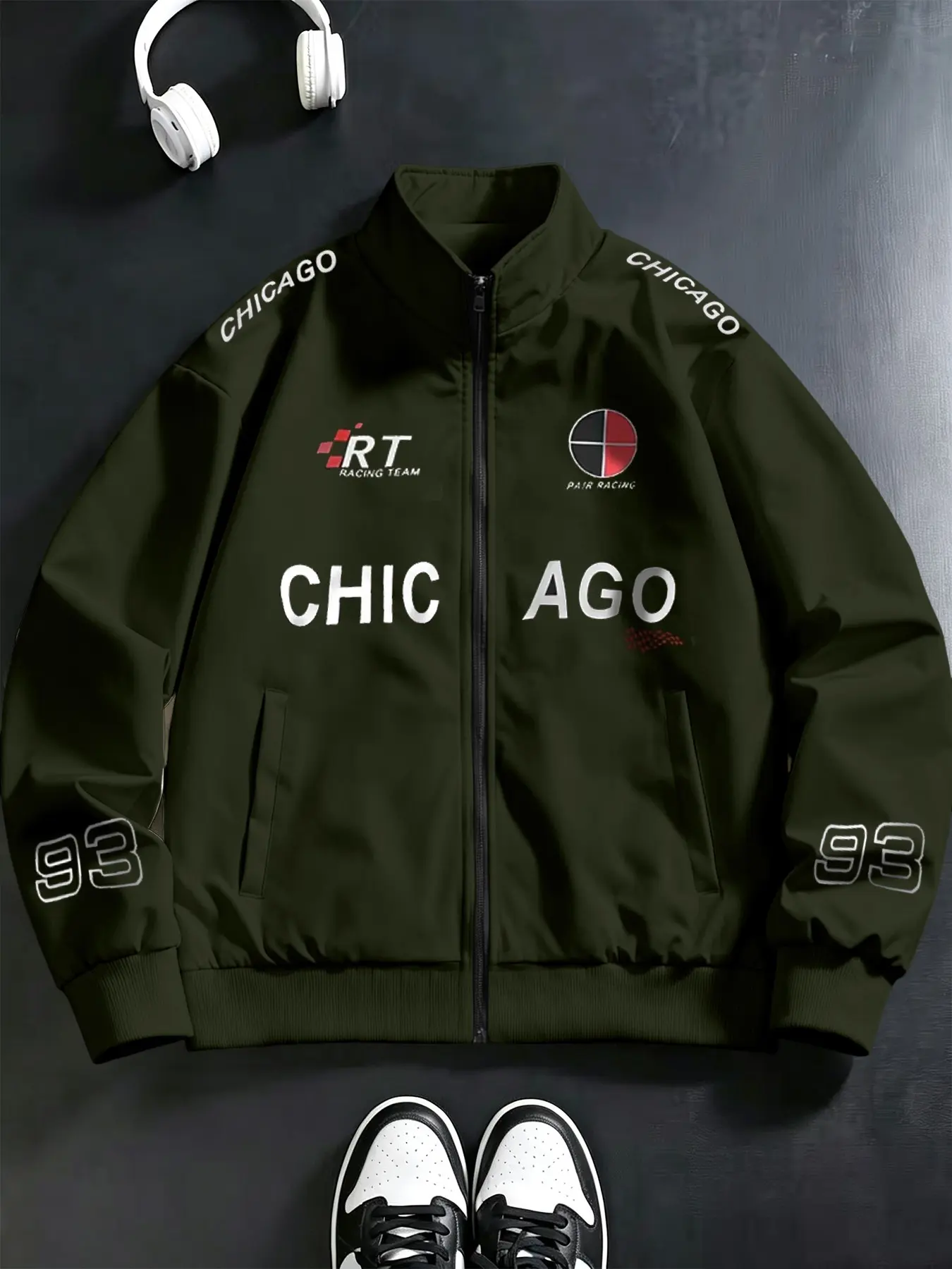 American Racing Style Chicago Stand Collar Zipper Jacket, Casual Versatile Men's Spring Fall Motorcycle Baseball Coat, Street Fashion Outerwear, Outdoor