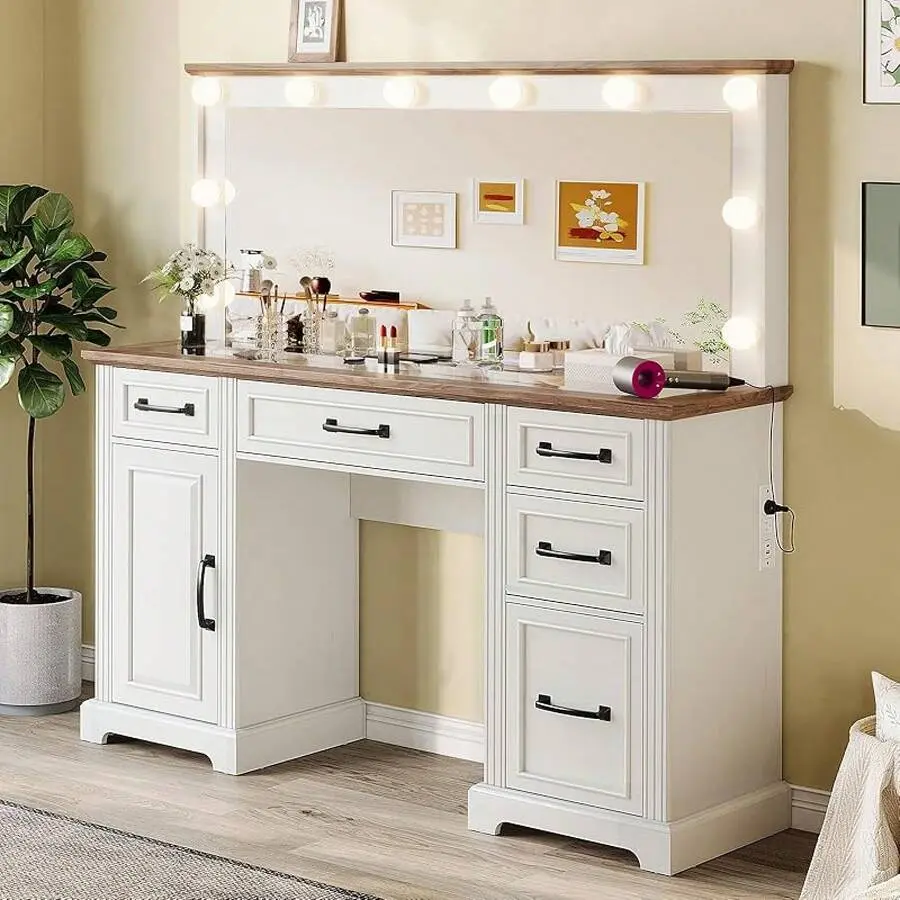 Antique White 55-Inch Farmhouse MDF Wood Vanity Desk with LED Mirror, Rustic Makeup Table with Charging Station, Glass Tabletop and 5 Drawers for Bedroom