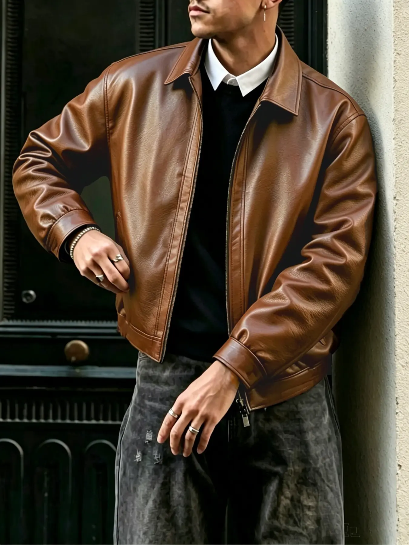 Men's Trendy Notched Lapel Leather Jacket, Street Style, Perfect for Daily Outdoor Wear, Fashionable Outerwear for Men