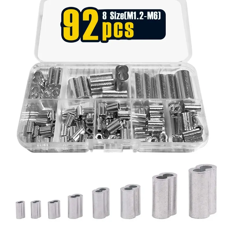92 Pcs M1.2-6(3/64-1/4'') Aluminum Wire Crimping Loop Sleeve Assortment Kit 8 Size Wire Rope Sleeves Double Barrel Cable Ferrule