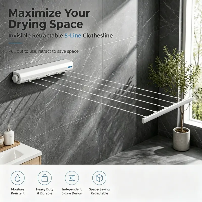 Moisture Resistant Retractable 5 Line Wall Clothes Rack Hidden Pull Out Design Space Saving Balcony Bathroom Laundry Line Drying Rack