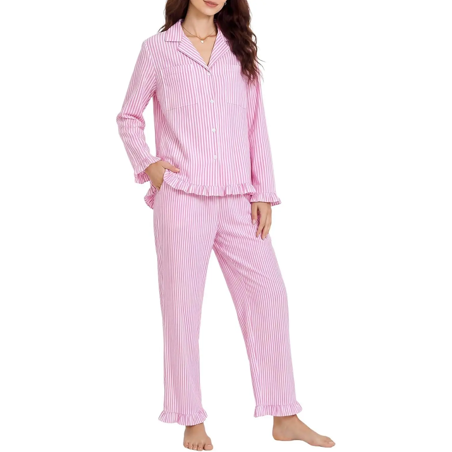 Arssm Womens Striped Pajamas Set 2 Piece Cotton Ruffle Pjs Sets| Long Sleeve Shirt, Elastic Waist Pants, Cute Lounge Set,Soft Sleepwear