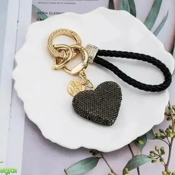 Women's Full Rhinestone Heart Wristlet Keychain - Braided Leather Strap, Sparkly Crystal Anti-Lost Key Holder, Gold Metal Car Accessory, Pastel Bling Bag Charm for Casual Outings, Beach Trips, Sentimental Gift, Hearts