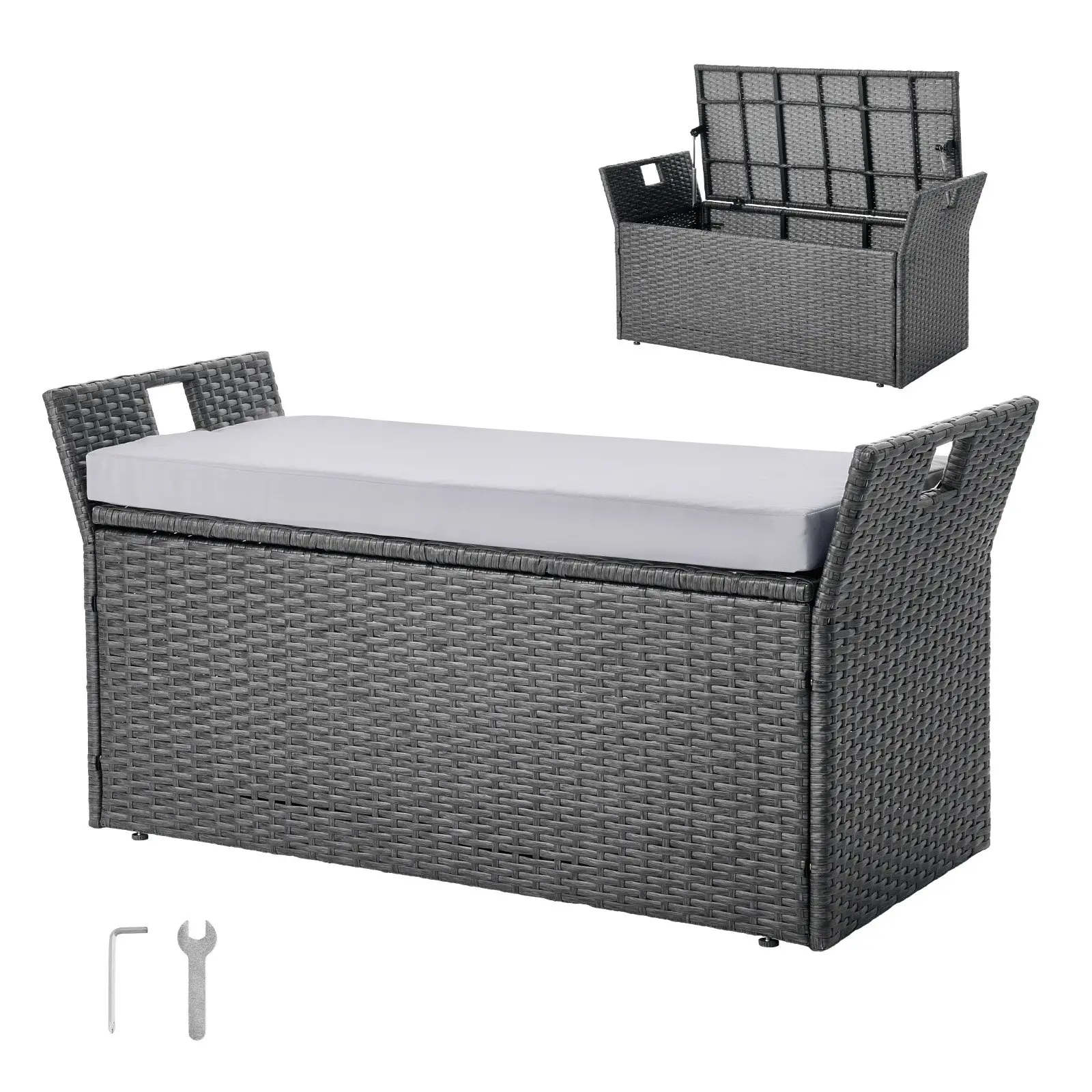 VEVOR Outdoor Storage Bench, 2-Person PE Rattan Storage Bench, 40 Gal Deck Box with Cushion Side Handle, Supports up to 400 lbs, Weatherproof Outdoor Seating Porch Decor for Patio Garden Balcony