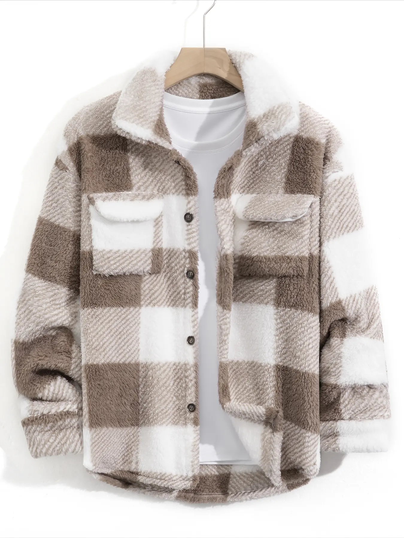 Unisex Checkered Fleece Shirt Jacket, Warm Plush Feel for Autumn & Winter, Casual Oversized Coat with Retro Design