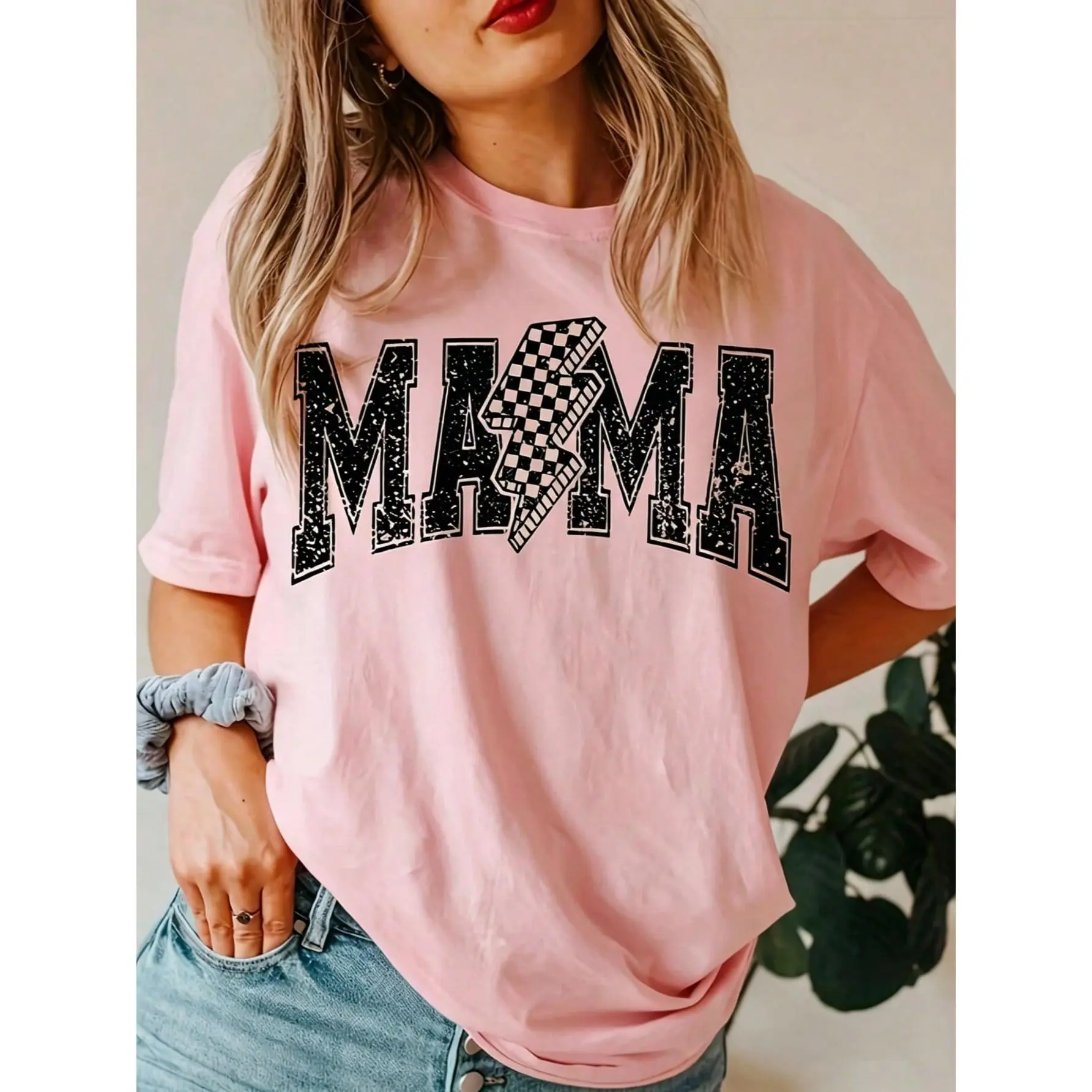 Vintage 'MAMA' Print Cotton Fabric Short-Sleeve Crew Neck Loose Casual Top for American Moms - Maternity Wear Piece, White Letter Design, Sports & Outdoor Casual Outfit, Shortsleeve, Tops