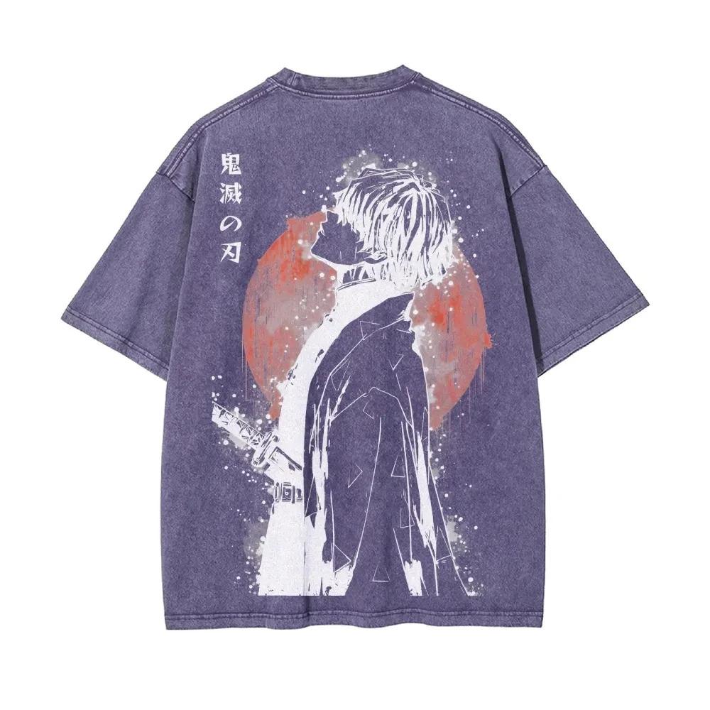 2026 Summer New Zenitsu Agatsuma Breath of Thunder Retro Washed Old T-shirt Demon Slayer 90s Street Style Short-sleeved Top