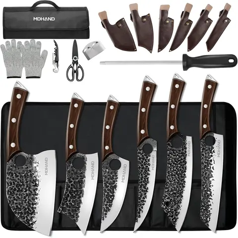 MDHAND 18Pcs Hand Forged High Carbon Steel Full Tang Kitchen Knives Set - Rustproof Scratch Resistant Stainless Blades, Portable Bag, Sharpening-Ready Cleaver, Boning Tool for Hard Veg/Meat Cutting, Halloween/Christmas Mens Gifts
