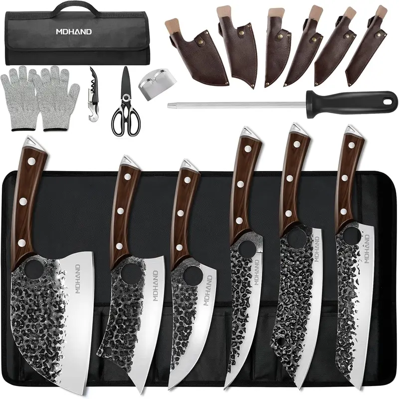 MDHAND 18Pcs Hand Forged High Carbon Steel Full Tang Kitchen Knives Set - Rustproof Scratch Resistant Stainless Blades, Portable Bag, Sharpening-Ready Cleaver, Boning Tool for Hard Veg/Meat Cutting, Halloween/Christmas Mens Gifts