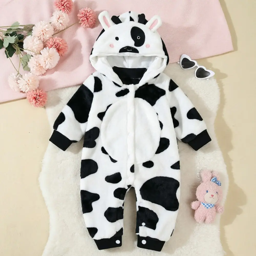 Polyester Baby Long-Sleeve Hooded Jumpsuit - Casual Cow Print Toddler Onesie with Buttons, Winter Warm Casual Wear for Newborn Boys & Girls, Perfect for Outdoor Use, Button Front
