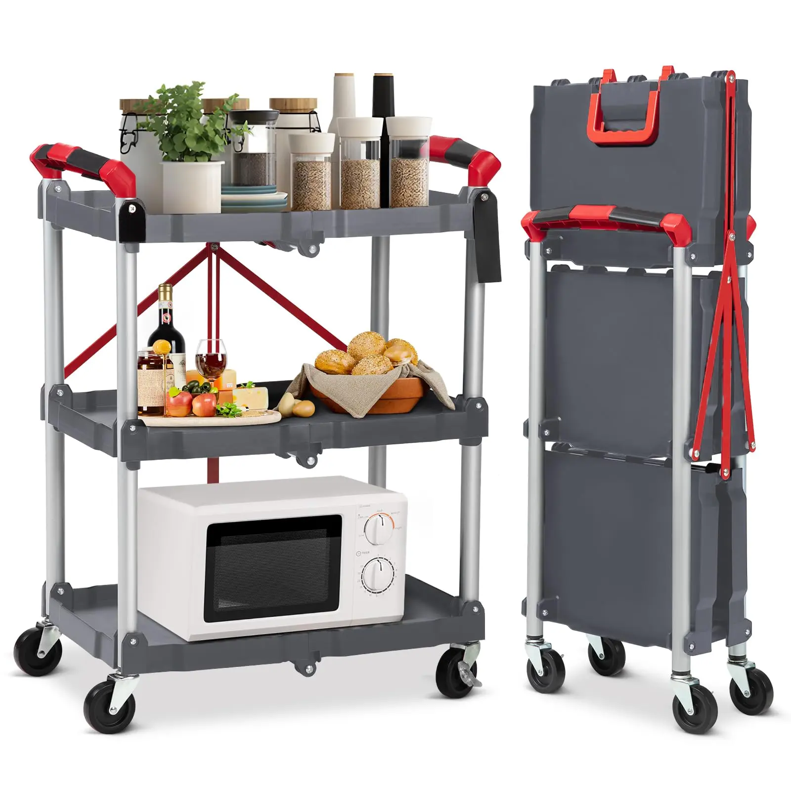 GARVEE 3 Tier Folding Utility Service Cart - 56lb/Tier Collapsible Cart with 360 Swivel Wheels, Ideal for Tools, Cleaning, Garage, Kitchen, Office, and More, Versatile Grey Folding Cart for Easy Transport.