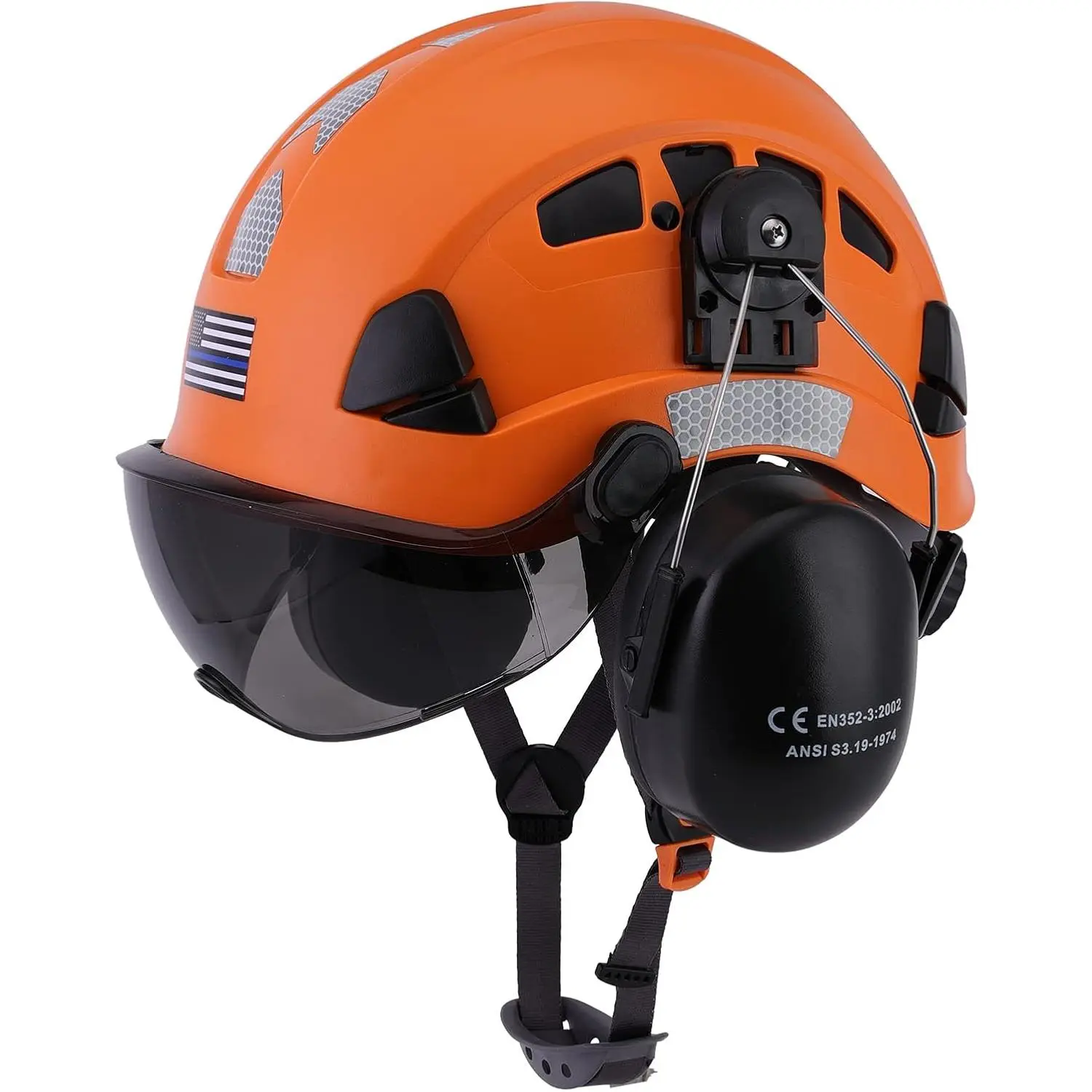 Reflective Vented Safety Helmet with Integrated Visor, Ear Muffs, 6-Point Ratchet Suspension, Chin Strap, Reflective Strips for Outdoor Enthusiasts, Climbing, Tree Care, Climbing And Tree Care, Secure, Adjustable, Dawn, Hard Hat Accessories, Adult Unisex,