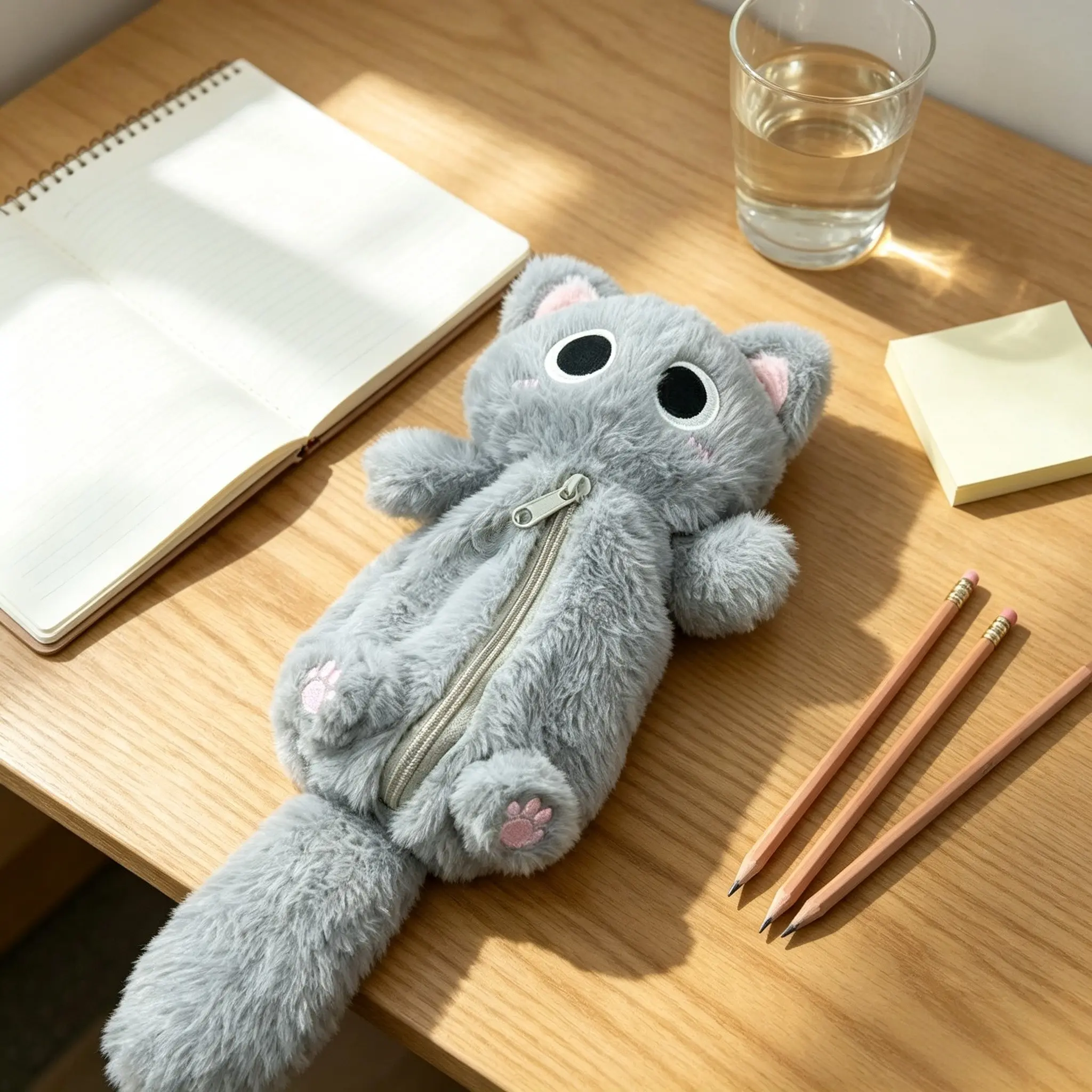Large Capacity Cat Pencil Case, Soft Thick Polyester Zipper Closure Pencil Box, Cute Cartoon Design, Ideal for School and Office Supplies, Soft Material