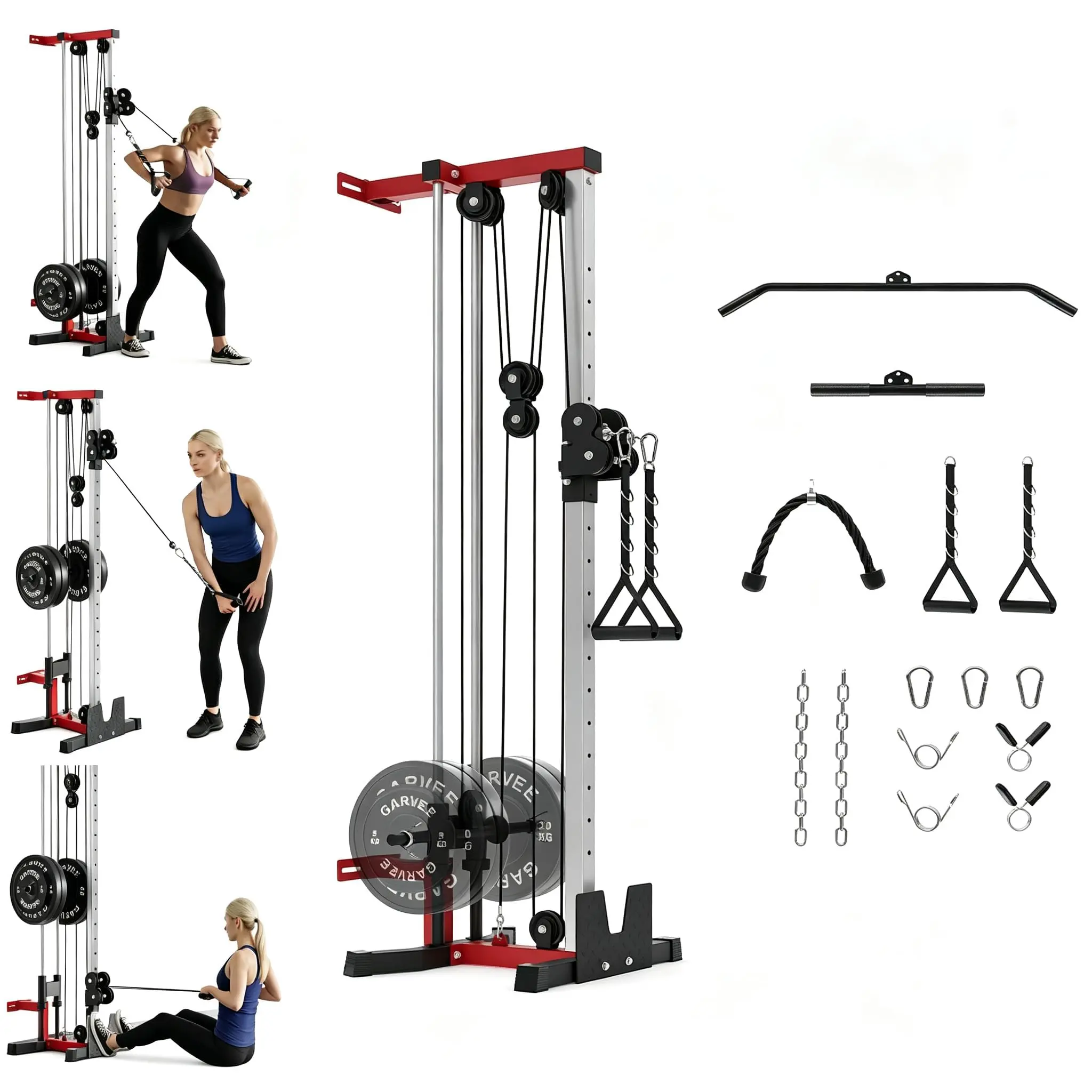 GARVEE Wall Mount Cable Machine - Dual Pulley Wall-Mounted Cable Station, 1:1 & 2:1 Ratio Switch, 19 Height Positions, 400 lb Capacity, Includes Lat Bar Straight Bar Tricep Rope 2 D-Handles, Home Gym