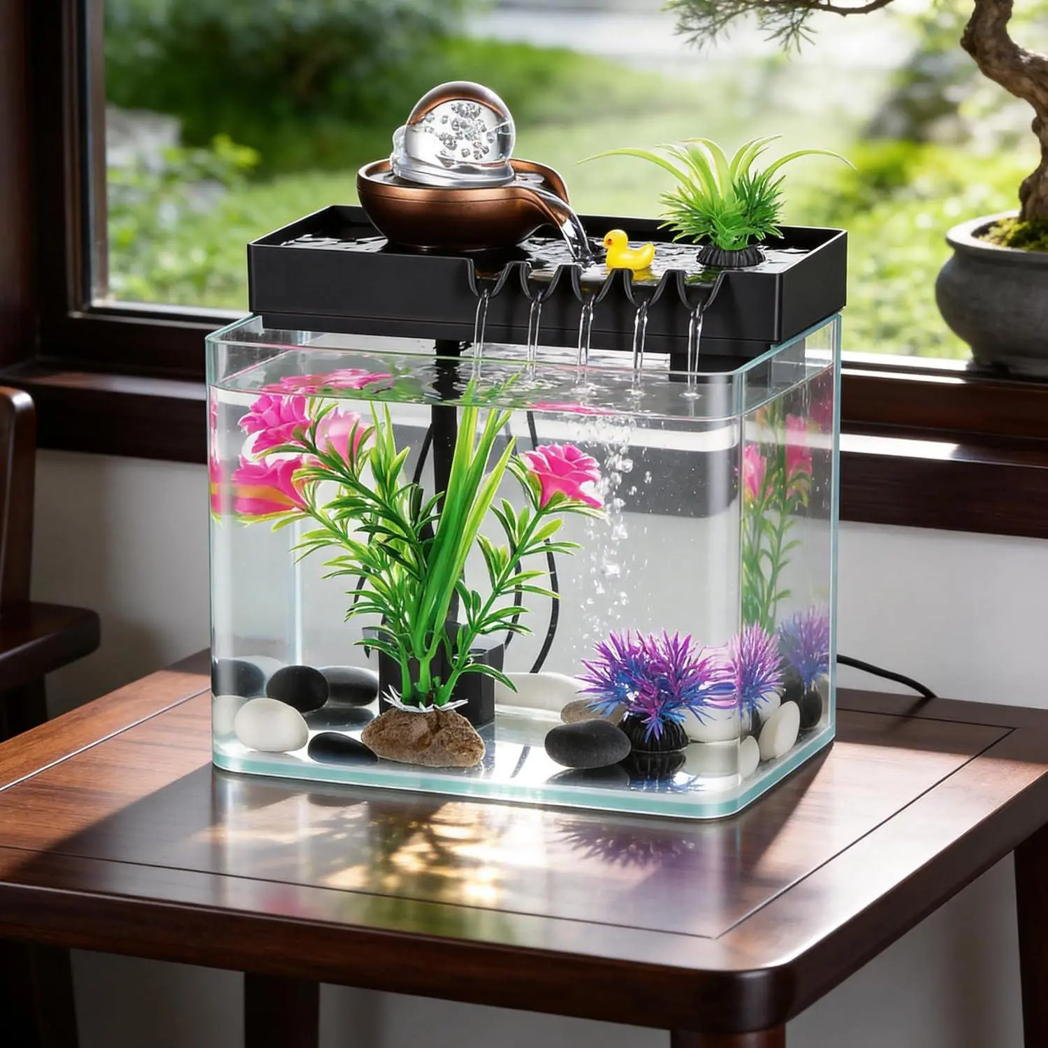 Indoor Water Fountain, 5-in-1 Tabletop Waterfall with Fish  & Mist  Humidifier, Desktop Fountain for Office Decor, Relaxing Small Water Feature for Bedroom Living Room